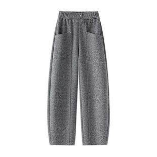 拉夏贝尔毛呢裤子女冬季加绒休闲裤2025新款弯刀裤高腰香蕉阔腿裤