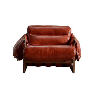 广巢泽西岛休闲椅法式复古真皮单人沙发椅客厅实木懒人椅休闲椅A