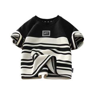 男童短袖T恤2026夏季新款条纹圆领宽松儿童汗衫百搭夏装大童上衣