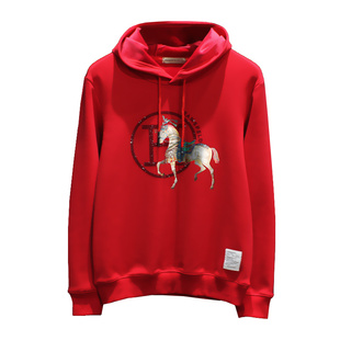 秋冬季红色战马卫衣男连帽ins烫钻H马年本命年男士外套加绒马帽衫