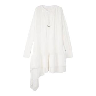 春色寄情人周雨彤同款白色褶皱长袖衬衫连衣裙女法式宽松系带短裙