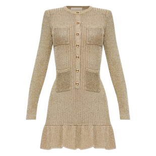 沃格SP秋冬新款华丽金色亮丝混纺多口袋弹力修身荷叶摆针织连衣裙