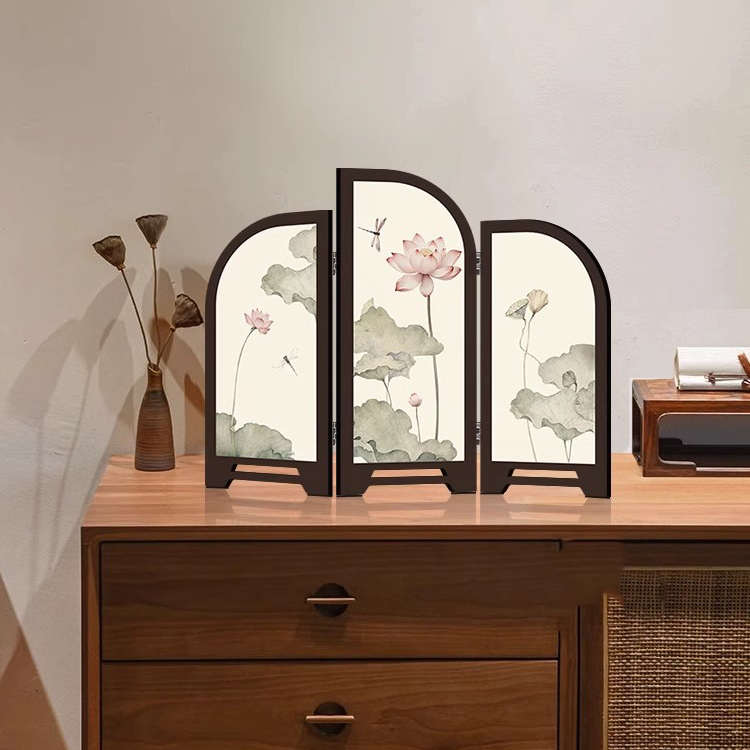 新中式小屏风桌面摆件复古国风荷花装饰画茶室家居玄关柜斗柜摆画