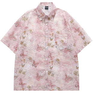 From Mars 收获满满 原宿风粉色蝴蝶满印休闲男女宽松短袖衬衫夏