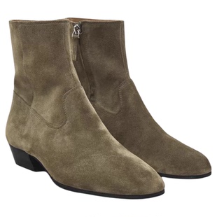 西班牙MD女鞋秋冬新款真皮牛反绒短粗跟侧拉链时尚百搭短靴方头靴