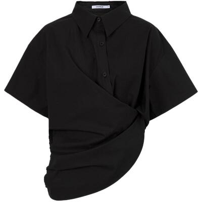 CALVINLUO 不对称褶皱短袖休闲衬衫 新品 白/黑