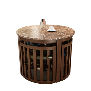 小户型家用餐桌欧式大理石圆饭桌美式乡村实木桌椅组合阳台接洽桌