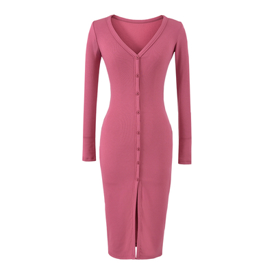 V领单排扣长袖包臀中长款连衣裙