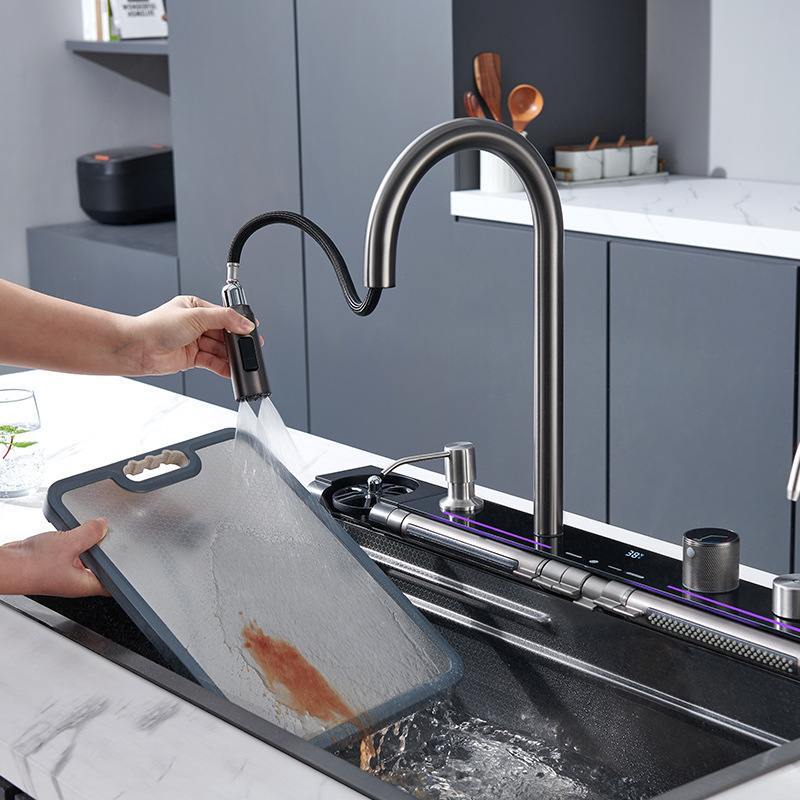 304不锈钢水槽数显飞雨瀑布厨房水槽洗碗池洗菜盆多功能大单槽