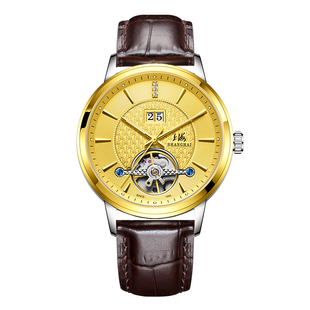 上海牌手表男钻石牌24K金表镂空飞轮全自动机械表防水夜光表6008