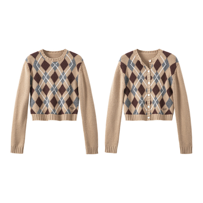 YANGLE_羊毛针织开衫女2025年新款秋冬穿搭英伦复古菱格圆领毛衣