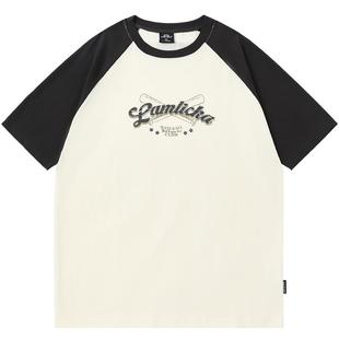 LAMLICKA重磅纯棉字母印花插肩袖短袖T恤女oversize美式情侣半袖t