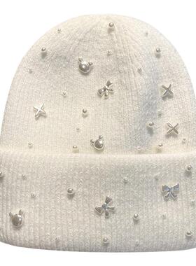 兔毛混纺毛线帽秋冬珍珠蝴蝶结