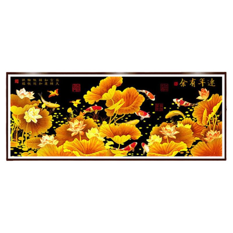 荷花九鱼图钻石画方钻满钻十字绣