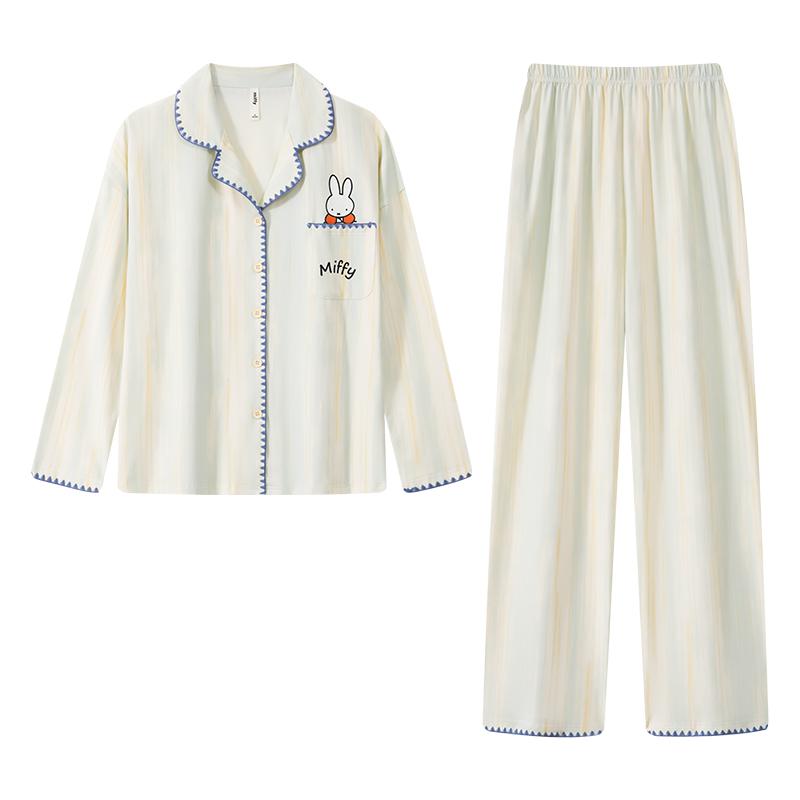 宫蝶【轻柔软】米菲睡衣女春秋纯棉长袖可外穿满印条纹家居服套装