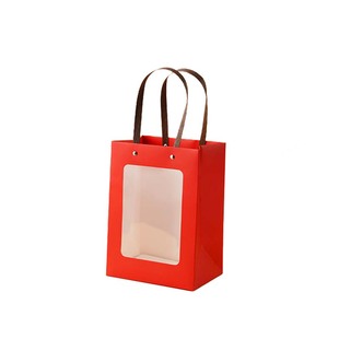 新年款红色礼品袋透明开窗手提袋情人礼物节拎袋鲜花橱窗包装纸袋
