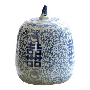 景德镇中式仿古青花手工手绘瓷器喜字储物罐客厅博古架摆件茶叶罐