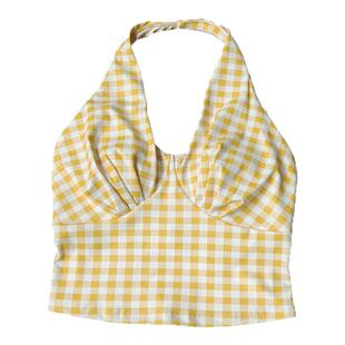 V领格纹挂脖吊带背心女固定杯性感时尚运动内衣普拉提健身服上衣