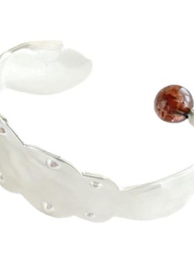 欧美简约正版复刻天然玛瑙圆勺烧白银手镯开口女高级轻奢纹理戒指