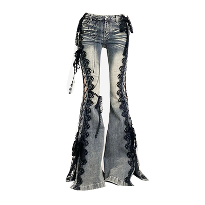 亚文化暗黑辣妹黑色蕾丝绑带微喇牛仔裤喇叭裤修身设计感开叉长裤