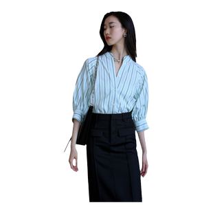 无有无印时髦水绿色宽条纹立领大泡泡袖百搭衬衫23091