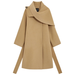 bebe2025秋冬新款女士气质绵羊毛围巾领长袍系带大衣外套372102