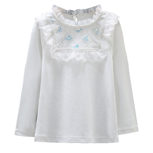 纯棉女童打底衫纯棉春秋款宝宝内塔立领蕾丝上衣儿童韩版白色T恤