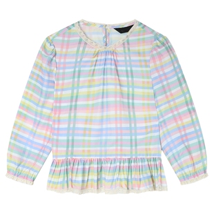 白鹿语法式浪漫荷叶边拼接格纹衬衫26春新款甜美少女蕾丝花边上衣