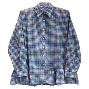 韩国东大门高级感蓝色格子连衣裙衬衫裙子 小个子A字荷叶边娃娃裙