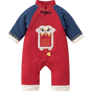 aqpa婴儿年服夹棉棉服秋冬保暖红色满月百天宝宝衣服连体衣哈衣萌