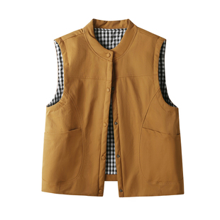 轻薄棉马甲外套女秋冬日系复古风格纹内衬无袖棉衣叠穿无袖坎肩潮