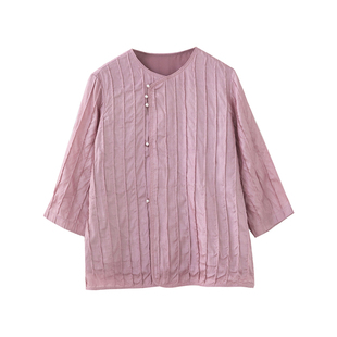 麻霖夏新品10姆米轻薄柞蚕丝打条肌理感圆领斜襟七分袖轻中式上衣