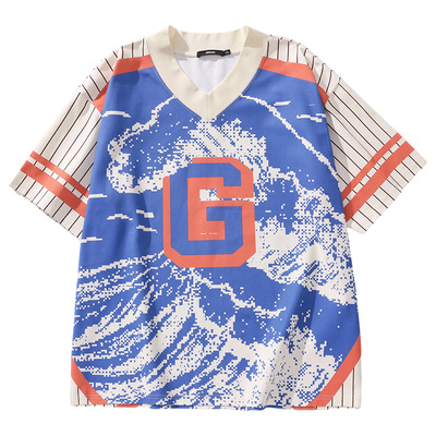 GENANX闪电潮牌字母海浪像素风印花2026年夏新款短袖T恤V领上衣