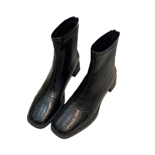 羊皮版~高跟短靴女2025新款增高马丁靴小个子粗跟黑色瘦瘦裸靴子