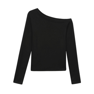 pusumede 午后遐想 设计感灰色斜肩长袖t恤女针织衫修身露肩上衣