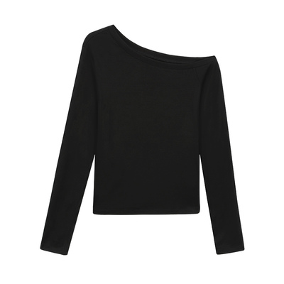 斜肩上衣长袖t恤女露肩针织衫