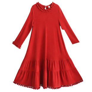 【冬日恋曲】冬季红色针织连衣裙女新款木耳边领系带收腰荷叶边裙