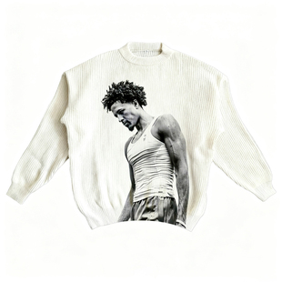 原创坎宁安数码直喷印花美式大印花秋冬保暖毛衣潮男女针织衫白色
