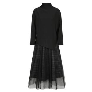 sdeer圣迪奥秋女装老钱风肌理收腰网纱格纹两件套连衣裙S223Z1433