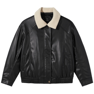 热风女士夹克外套2025年冬季新款pu仿皮翻领外套厚款机车风夹克