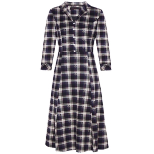 马天奴秋冬款翻领格纹连衣裙子排扣高腰长裙七分袖A字裙时尚