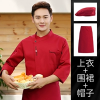 Модный красный лонгслив, красная юбка в складку, фартук, берет