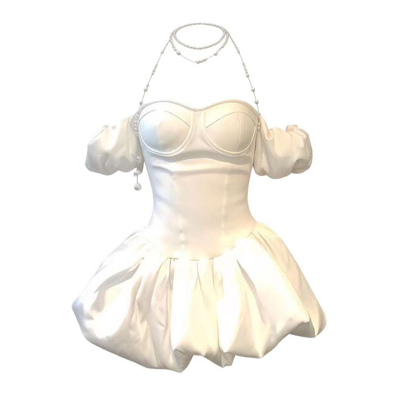 自制千金风重工缎面一字肩蓬蓬裙高级感收腰公主生日礼服花苞裙