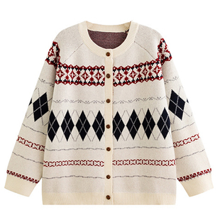 新年战袍氛围感复古胖莹莹大码女装撞色圣诞减龄休闲百搭针织开衫