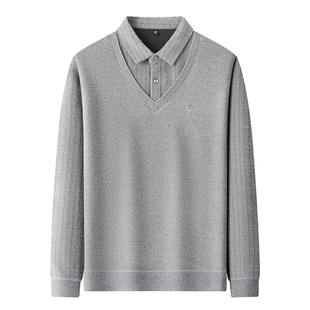 老爷车冬季中年假两件毛衣翻领一体绒打底衫加厚保暖男士加绒卫衣