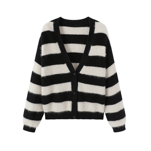 URLAZH有兰秋季新款宽松显瘦经典黑白条纹短款慵懒风针织毛衣开衫