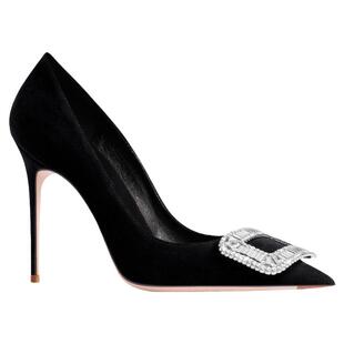 2025新款黑色尖头高跟鞋女细跟法式不累脚单鞋子绒面水钻方扣婚鞋