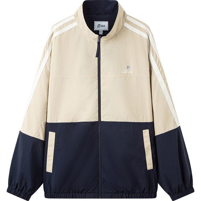 森马外套男皱感肌理撞色拼接运动风春季宽松立领上衣印花时尚潮流