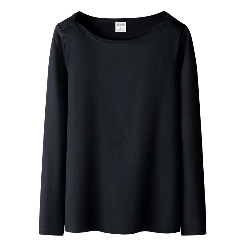 黑色修身罗纹棉一字领打底衫女上衣内搭春秋新款纯色外穿长袖t恤