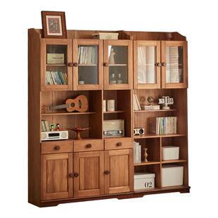 金多喜全实木书柜客厅防尘玻璃展示柜中古风书房储物收纳柜可定制